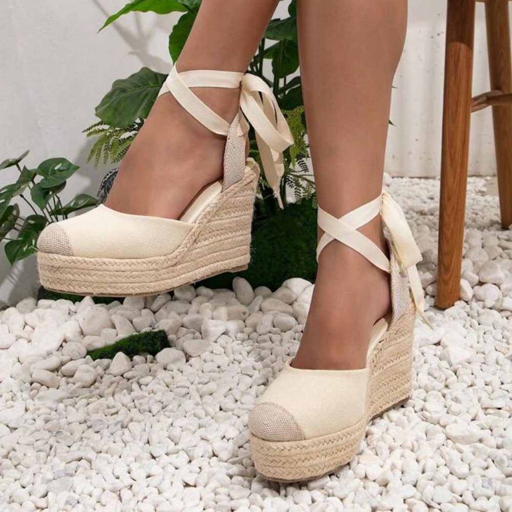 Espadrille Wedge Platform Ankle-Tie Sandal - Cream